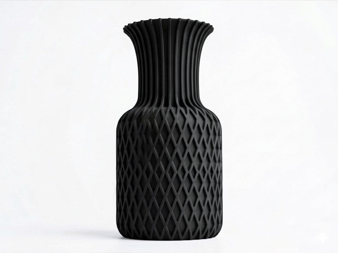 Lux Print Labs black 3D printed vase with diamond pattern base and ribbed top