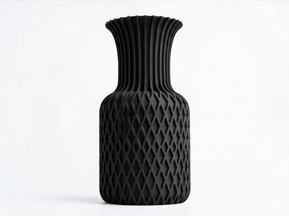 Lux Print Labs black 3D printed vase with diamond pattern base and ribbed top