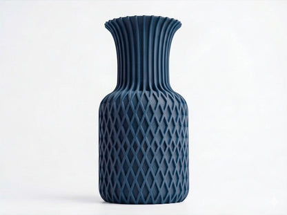 Lux Print Labs dark blue 3D printed vase with diamond pattern base and ribbed top. Modern sculptural home decor.
