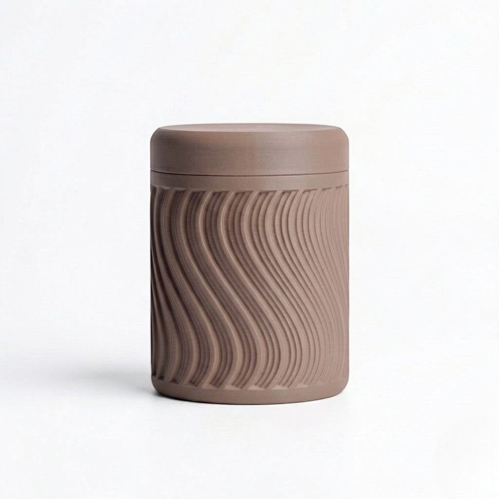 Lux Print Labs brown PLA storage container with lid, featuring a textured wave pattern. Modern design, 74mm x 74mm x 96mm.