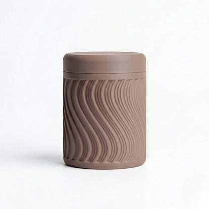 Lux Print Labs brown PLA storage container with lid, featuring a textured wave pattern. Modern design, 74mm x 74mm x 96mm.