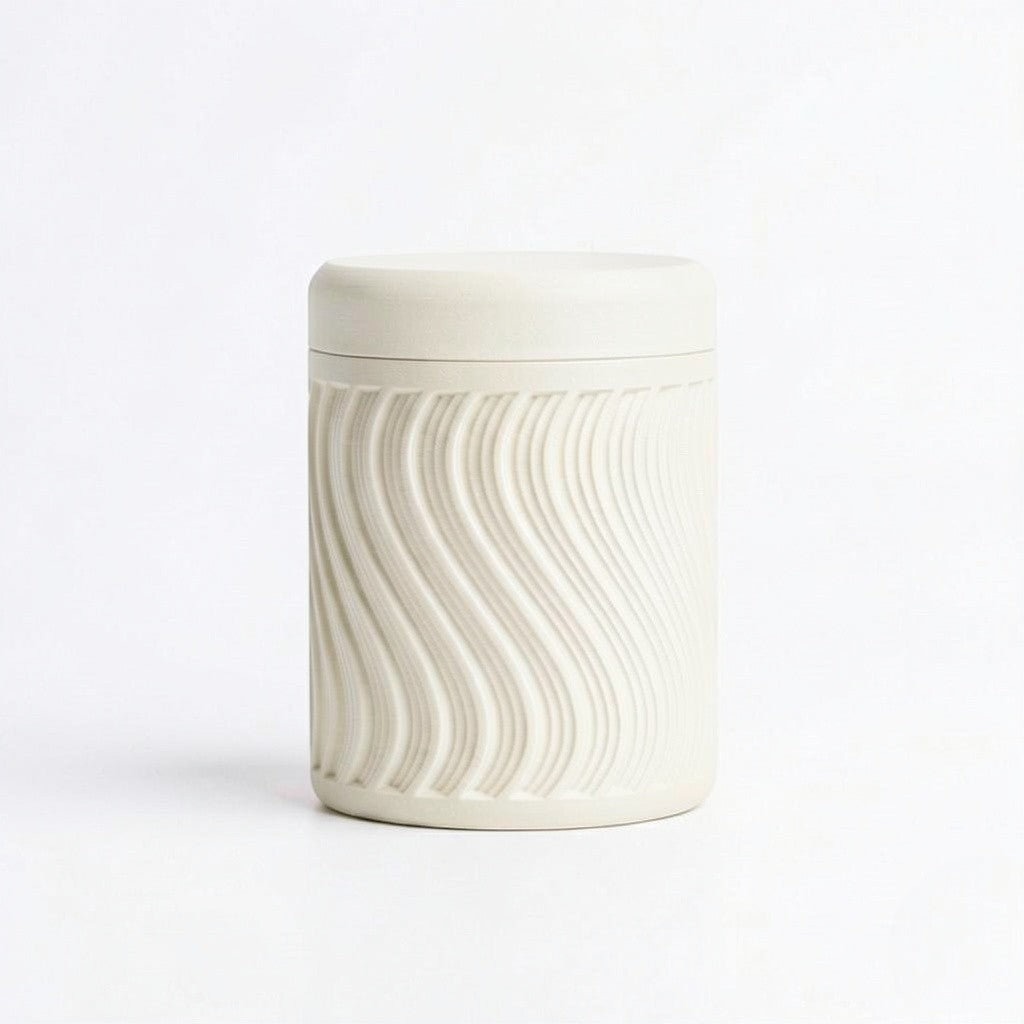 Lux Print Labs cream PLA storage container with lid, featuring a modern wave pattern design. Ideal for trinkets.