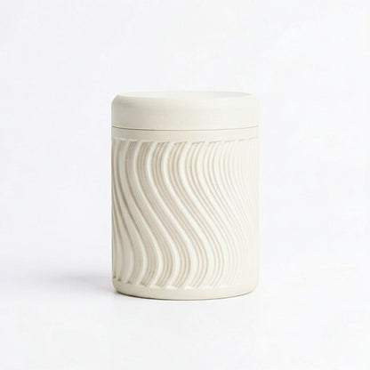 Lux Print Labs cream PLA storage container with lid, featuring a modern wave pattern design. Ideal for trinkets.