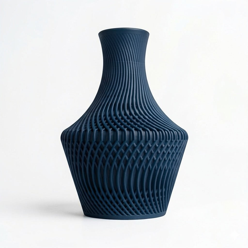 Lux Print Labs dark blue 3D printed vase with a unique layered, flowing design and visually striking texture.