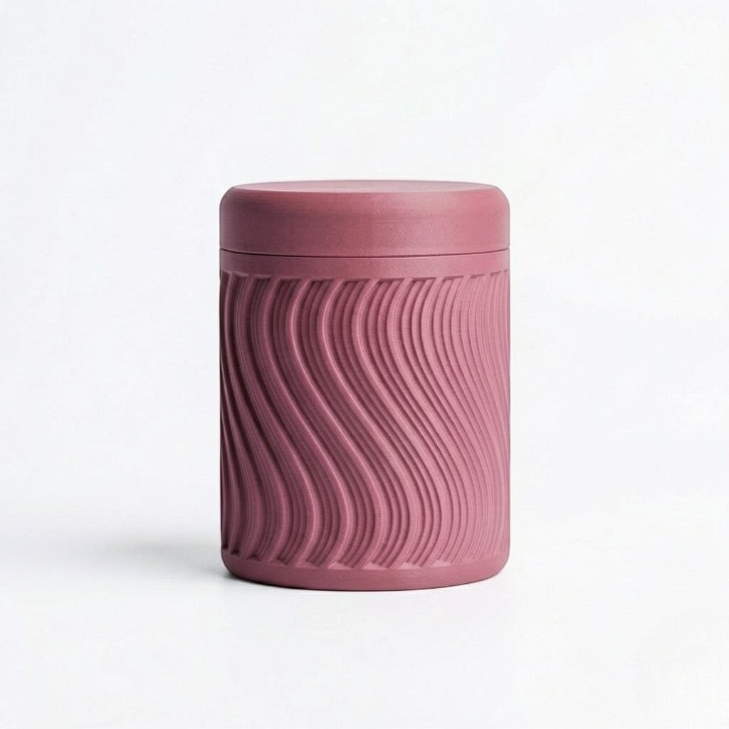Lux Print Labs dusty rose PLA storage container with lid, featuring a modern wave pattern design.