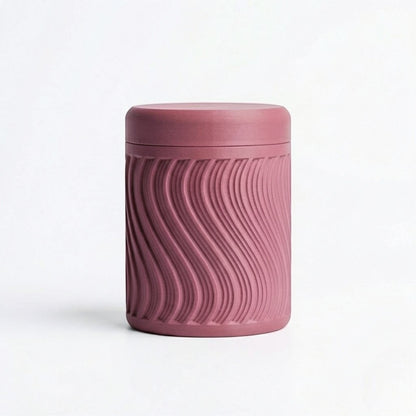 Lux Print Labs dusty rose PLA storage container with lid, featuring a modern wave pattern design.