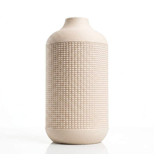 Lux Print Labs Faro Vase in matte beige PLA with a cylindrical shape and a tactile, gridded geometric texture.