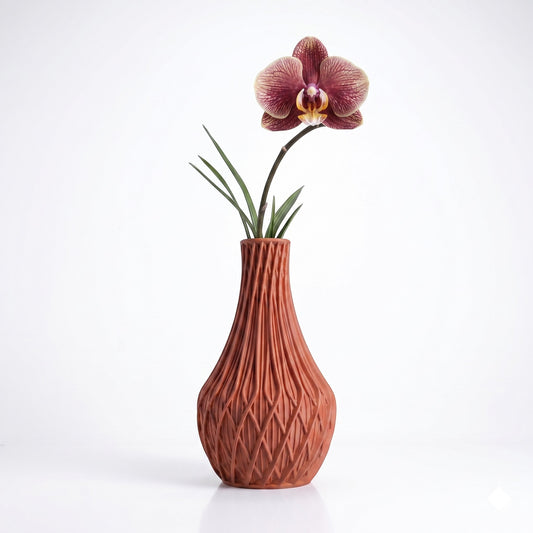 Lux Print Labs terracotta matte PLA Fractal Vase with intricate geometric pattern holding a single orchid flower.