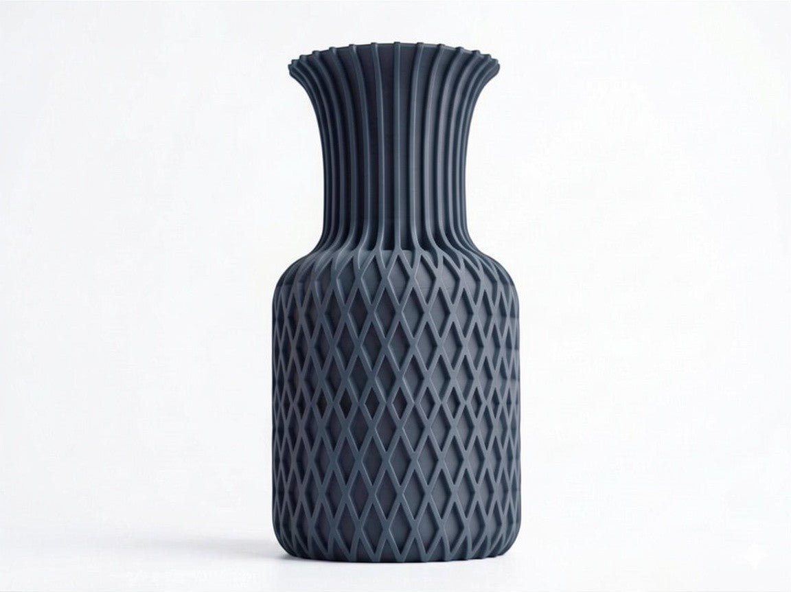 Lux Print Labs dark grey 3D printed vase with diamond pattern base and ribbed top. Modern sculptural home decor.