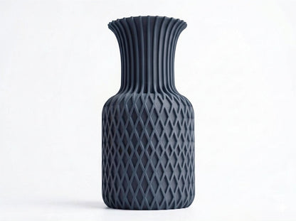 Lux Print Labs dark grey 3D printed vase with diamond pattern base and ribbed top. Modern sculptural home decor.