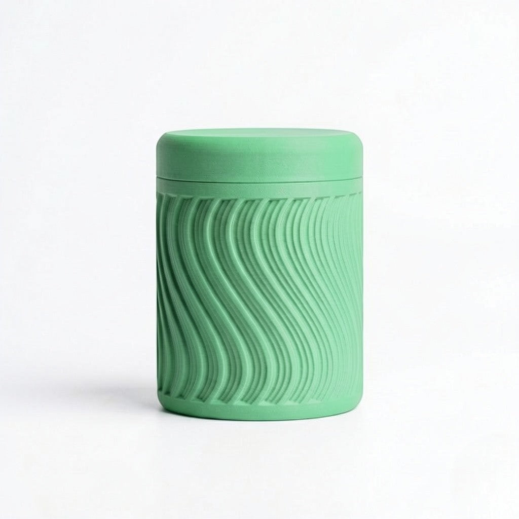 Lux Print Labs green PLA storage container with a textured wave pattern and lid.
