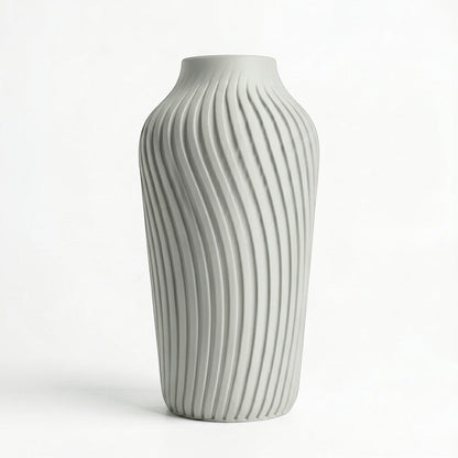 Lux Print Labs grey 3D printed vase with a radiating spiral pattern, available in two sizes.