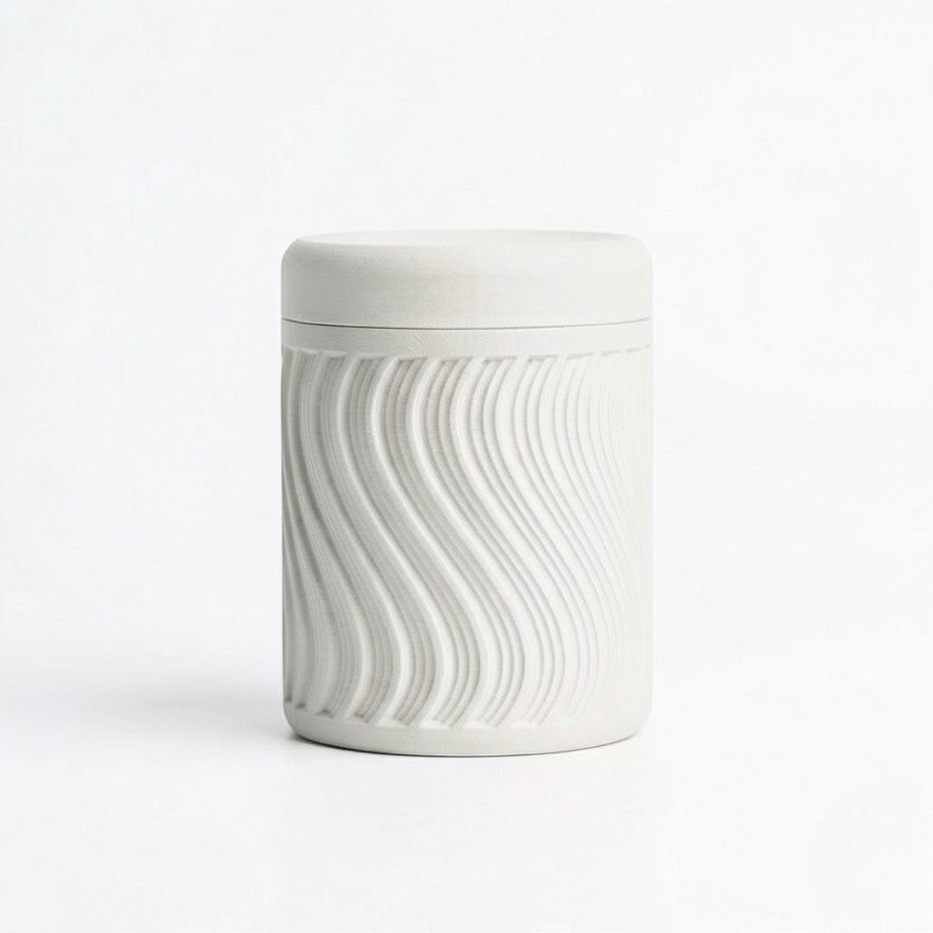 Lux Print Labs light grey PLA storage container with a textured wave pattern and lid.