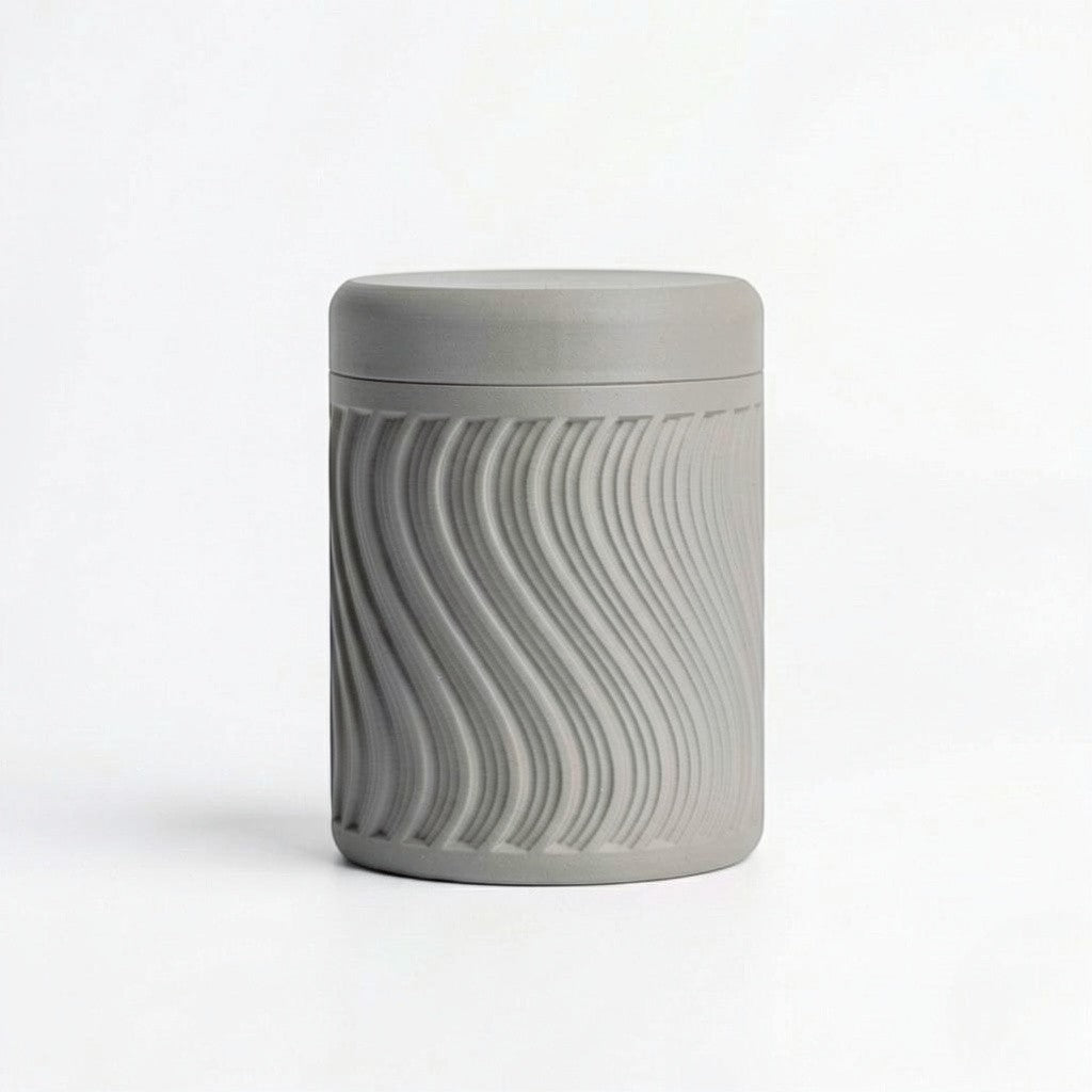 Lux Print Labs grey PLA storage container with lid, featuring a textured wave pattern. Modern design, 74mm x 74mm x 96mm.