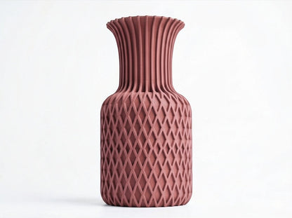Lux Print Labs Juno vase in dusty rose, 3D printed with diamond pattern base and ribbed top. Modern sculptural home decor.