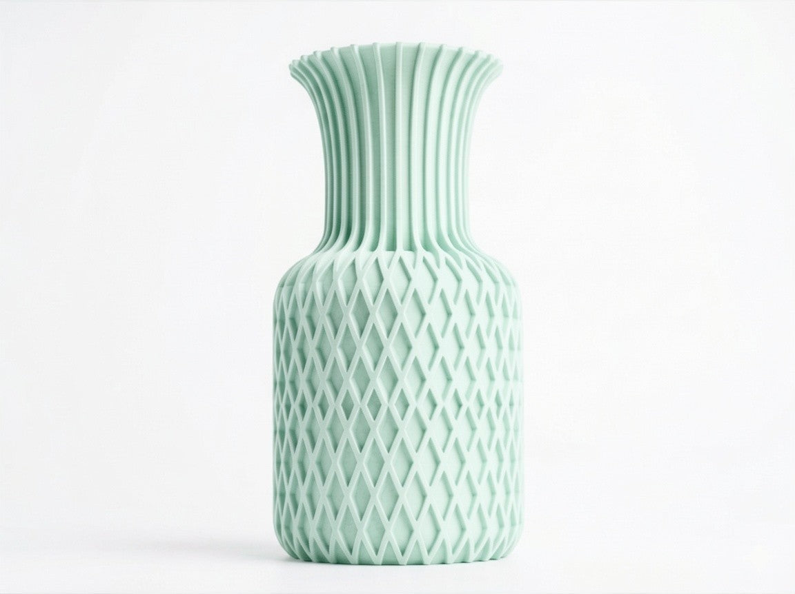 Lux Print Labs Juno vase in mint green, featuring a dual-texture design with diamond latticework and vertical ribs.