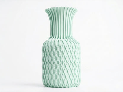 Lux Print Labs Juno vase in mint green, featuring a dual-texture design with diamond latticework and vertical ribs.