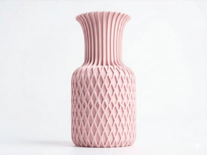 Lux Print Labs pink 3D printed vase with diamond pattern base and ribbed top. Modern geometric sculptural home decor.