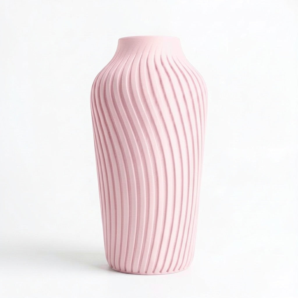 Lux Print Labs pink 3D printed vase with a spiraling ribbed texture, modern design.