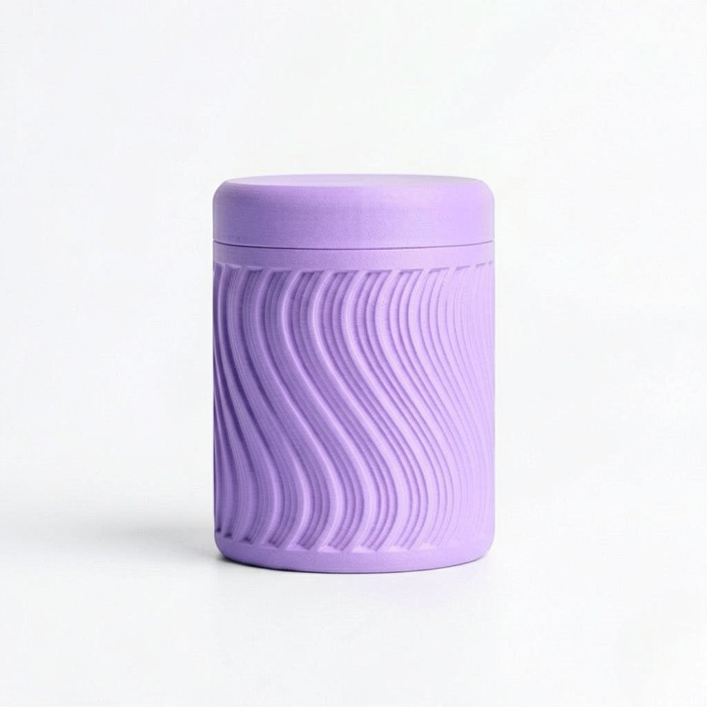 Lux Print Labs purple PLA storage container with a unique wave pattern and lid, perfect for trinkets.