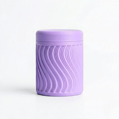 Lux Print Labs purple PLA storage container with a unique wave pattern and lid, perfect for trinkets.