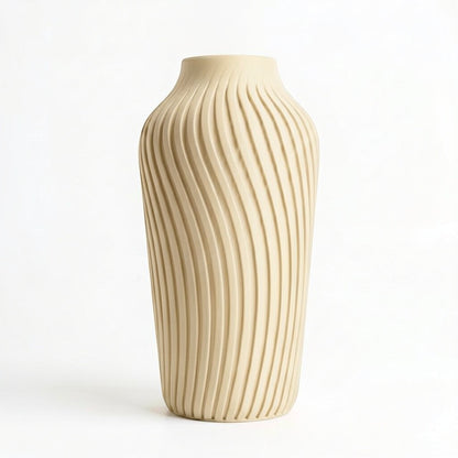 Lux Print Labs beige 3D printed vase with a radiating spiral pattern, available in two sizes.