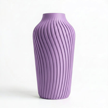 Lux Print Labs Radiate Vase in lavender, a 3D printed decorative piece with a spiraling, ribbed texture. Available in two sizes.