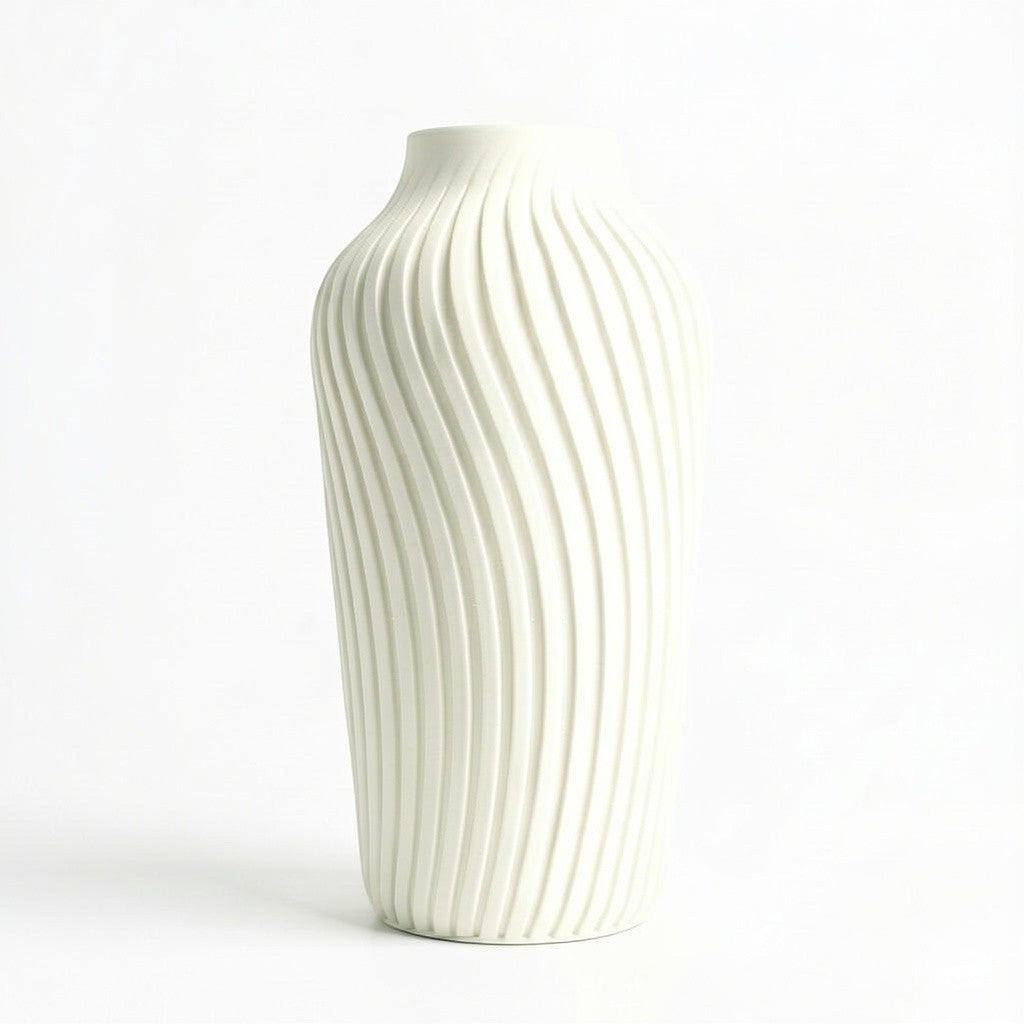 Lux Print Labs off-white 3D printed vase with a radiating spiral pattern, available in two sizes.