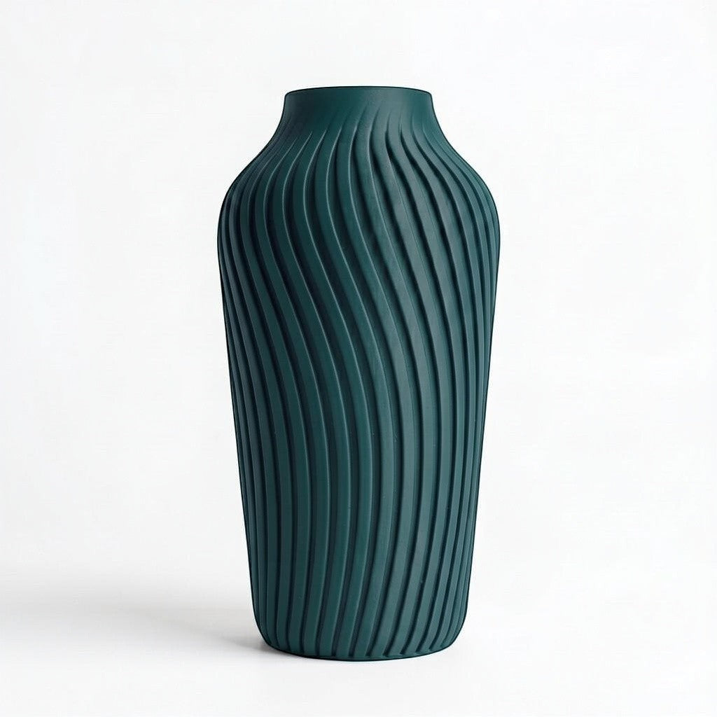 Lux Print Labs Radiate Vase in deep teal, featuring a unique spiraling pattern and modern 3D printed design.