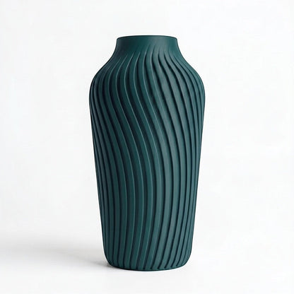 Lux Print Labs Radiate Vase in deep teal, featuring a unique spiraling pattern and modern 3D printed design.