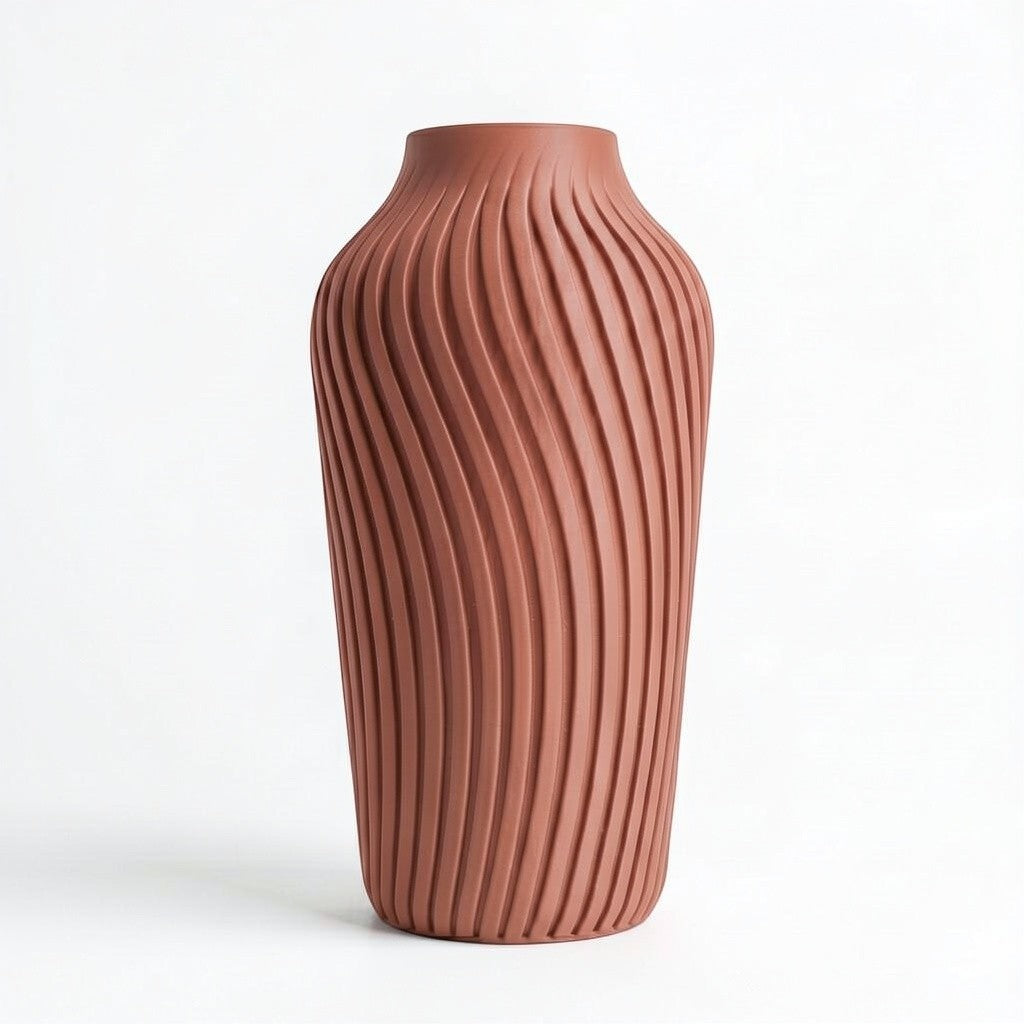 Lux Print Labs terracotta 3D printed vase with a radiating spiral pattern, available in two sizes.