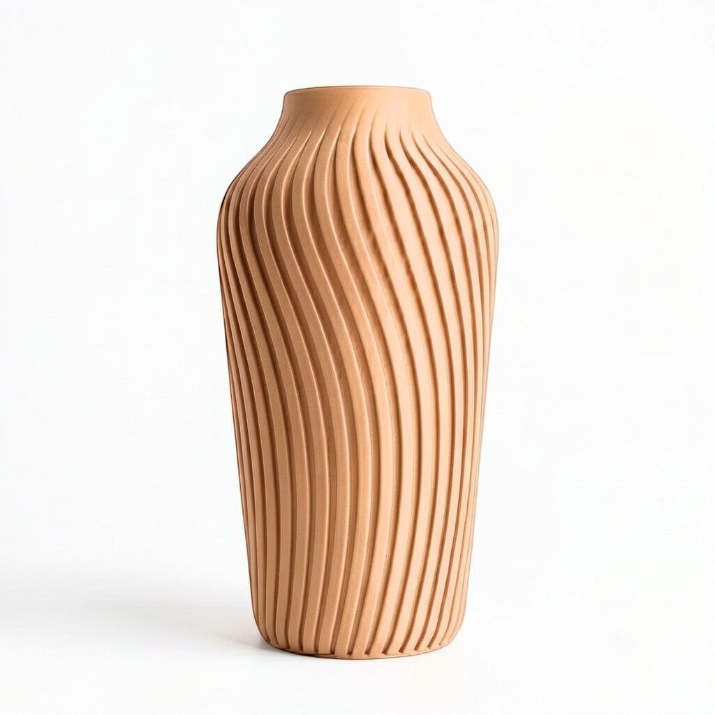 Lux Print Labs Radiate Vase in terracotta, a 3D printed vase with a spiraling ribbed texture, available in two sizes.