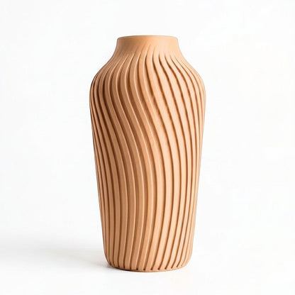 Lux Print Labs Radiate Vase in terracotta, a 3D printed vase with a spiraling ribbed texture, available in two sizes.
