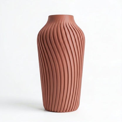 Lux Print Labs terracotta 3D printed vase with a spiraling ribbed texture, available in two sizes.