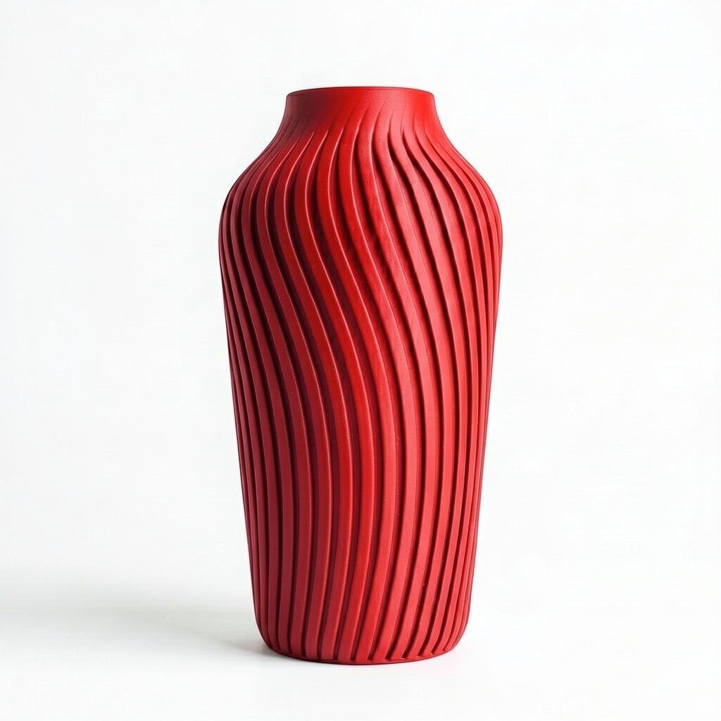 Lux Print Labs red 3D printed vase with a spiraling ribbed texture, modern design, available in two sizes.