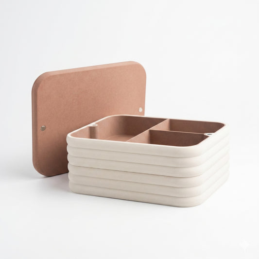 Lux Print Labs Cloud Stackable Container with magnetic lid, three internal compartments, and matte two-tone finish.