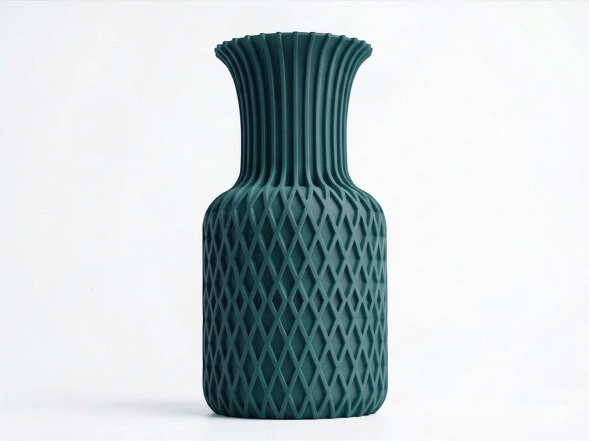 Lux Print Labs dark teal 3D printed vase with diamond pattern base and ribbed top. Modern sculptural home decor.