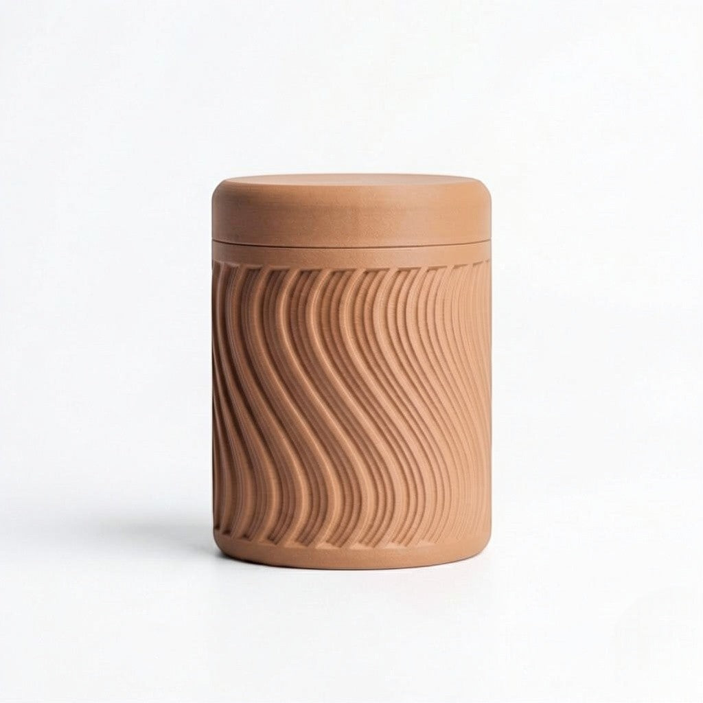 Lux Print Labs terracotta PLA storage container with lid, featuring a modern wave pattern design. Ideal for trinkets.