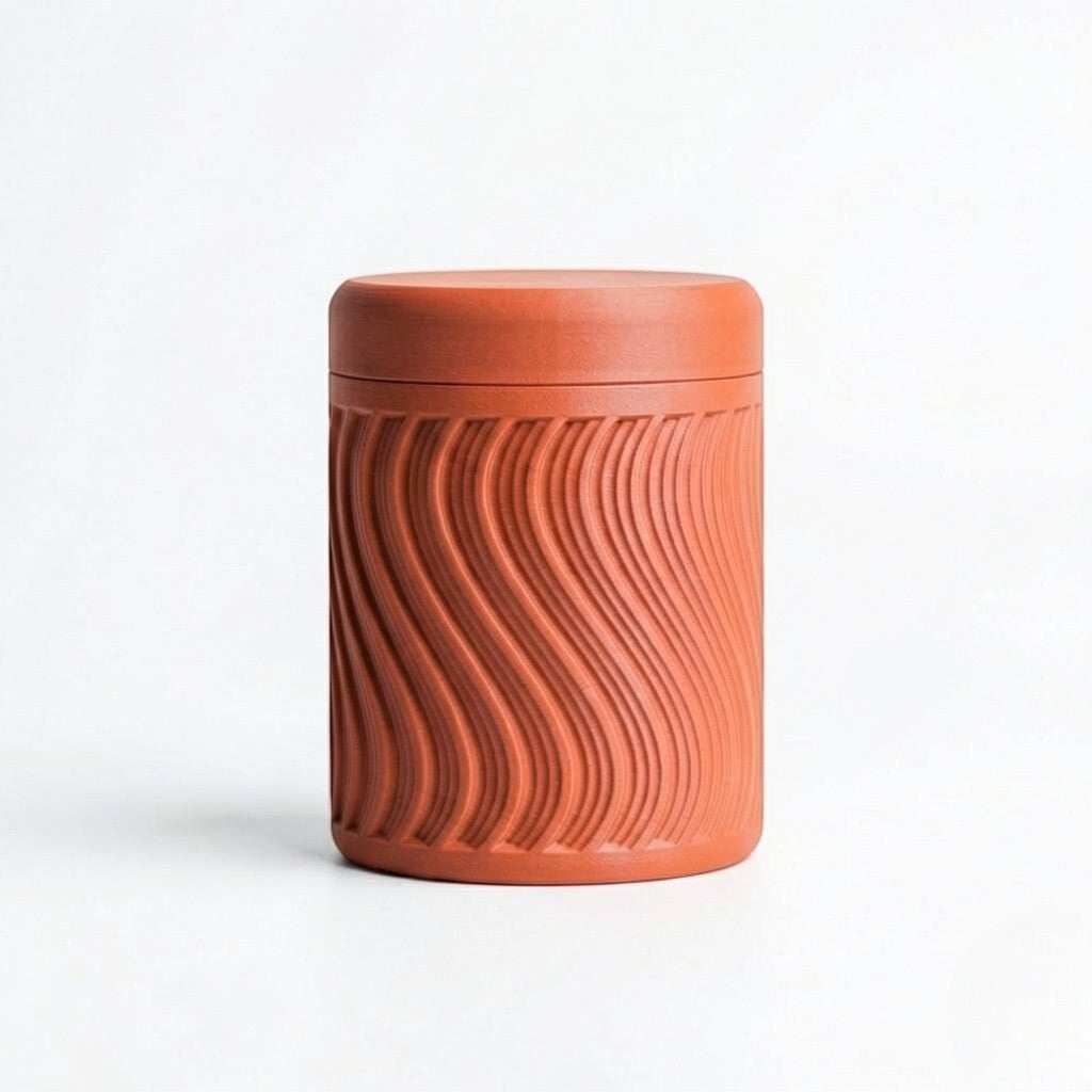 Lux Print Labs terracotta PLA storage container with a textured wave pattern and lid, perfect for small trinkets.