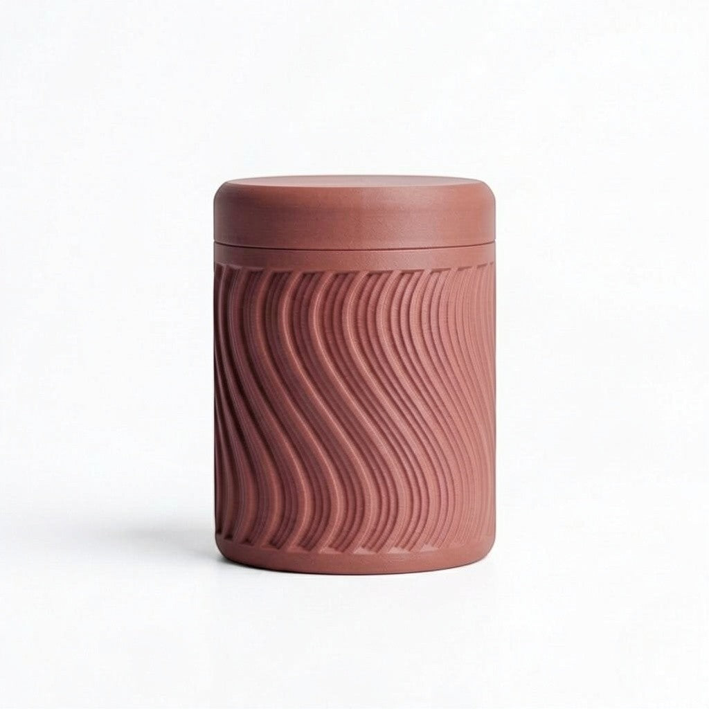 Lux Print Labs terracotta PLA storage container with a textured wave pattern and lid, perfect for trinkets.