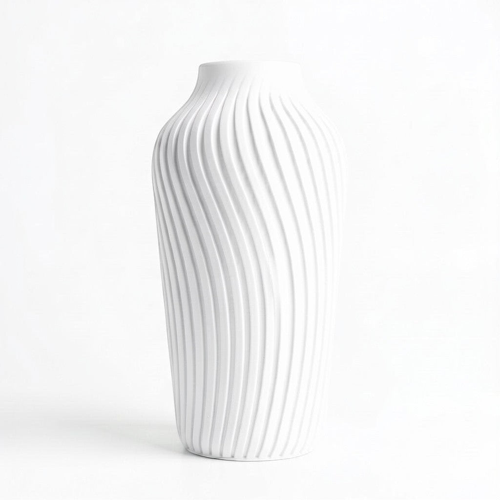 Lux Print Labs white 3D printed vase with a radiating spiral pattern, available in two sizes.