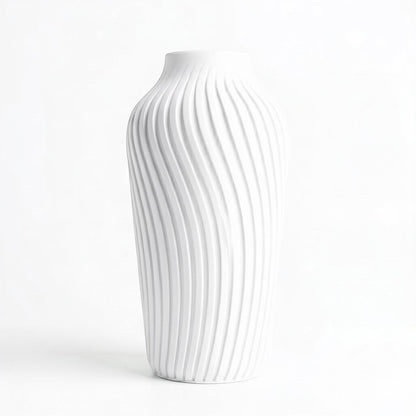 Lux Print Labs white 3D printed vase with a radiating spiral pattern, available in two sizes.