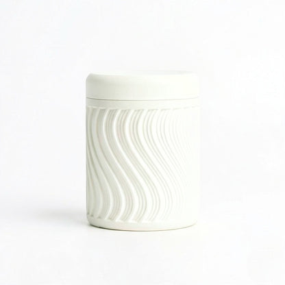 Lux Print Labs white PLA storage container with lid, featuring a modern wave pattern design. Ideal for trinkets.