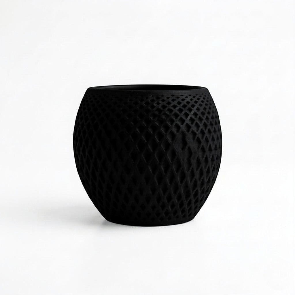 Lux Print Labs black geometric diamond-weave planter with matte PLA finish and organic drip tray.