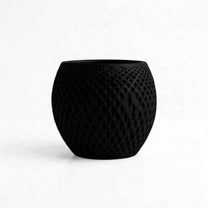 Lux Print Labs black geometric diamond-weave planter with matte PLA finish and organic drip tray.