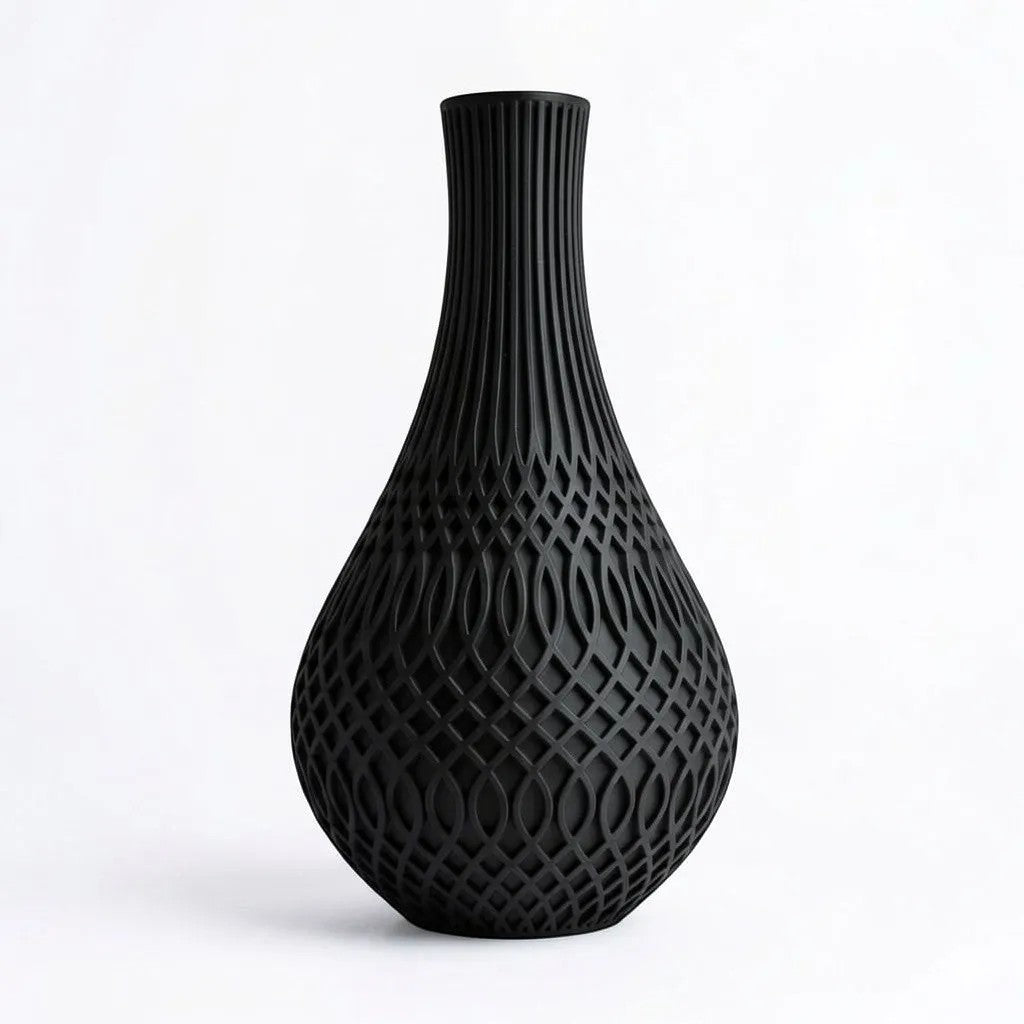 Lux Print Labs black matte PLA Inflect vase with geometric fluting and woven lattice detail.