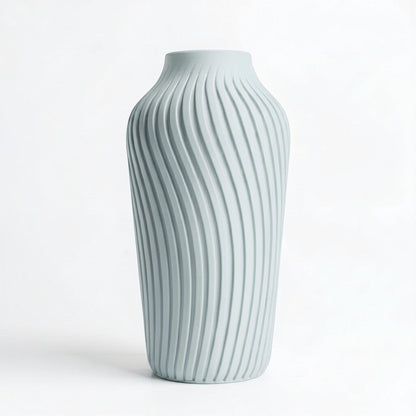 Lux Print Labs light blue 3D printed vase with a radiating spiral pattern, available in two sizes.
