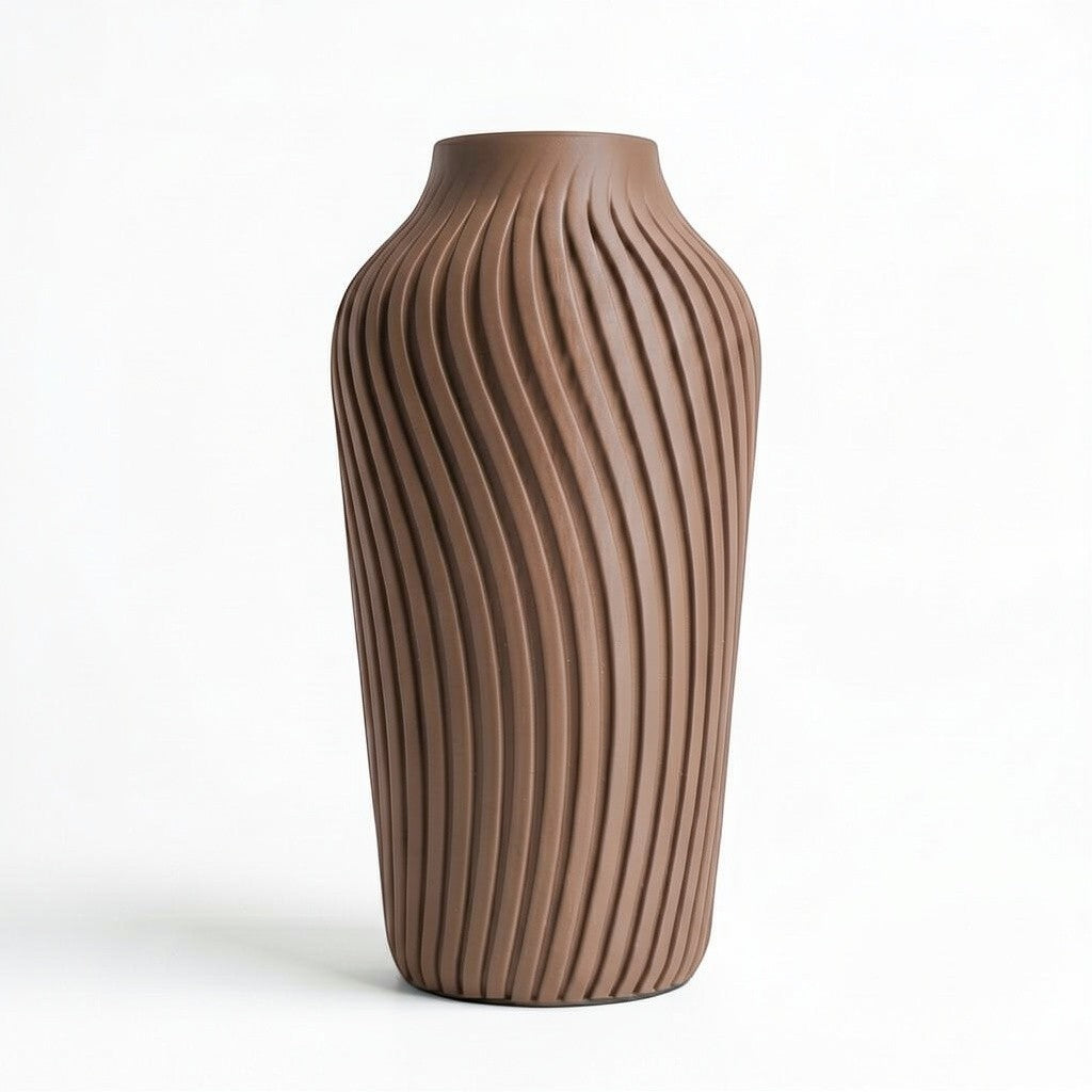 Lux Print Labs brown 3D printed vase with a radiating spiral pattern, available in two sizes.