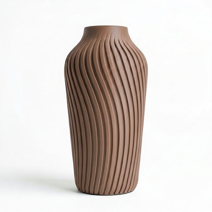 Lux Print Labs brown 3D printed vase with a radiating spiral pattern, available in two sizes.