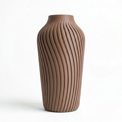Lux Print Labs brown 3D printed vase with a radiating spiral pattern, available in two sizes.